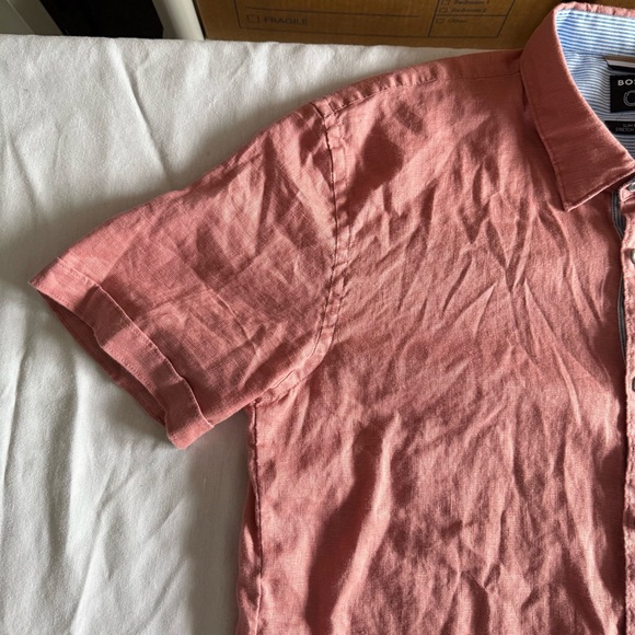 Hugo Boss Shirt Mens XL Linen Blend Slim Fit Short Sleeve Red Preppy Casual - Picture 4 of 13